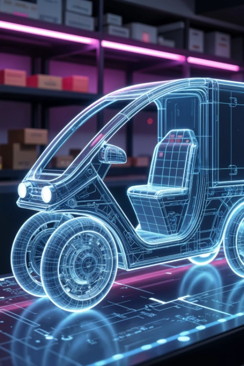 Digitales Modell eines E-Fahrzeugs im Lager