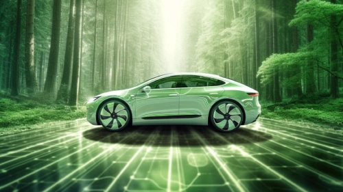 Grünes Elektroauto im Wald